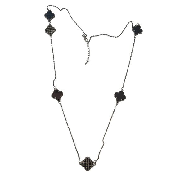 Silver Tone Long Chain Necklace Clover Leaf Stations Black Glass Reversible Adj - Picture 3 of 4